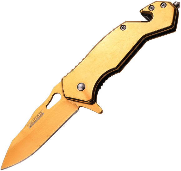Tac Force Linerlock A/O Gold Ti-Coated Handle Folding Glass Breaker Knife 903GD