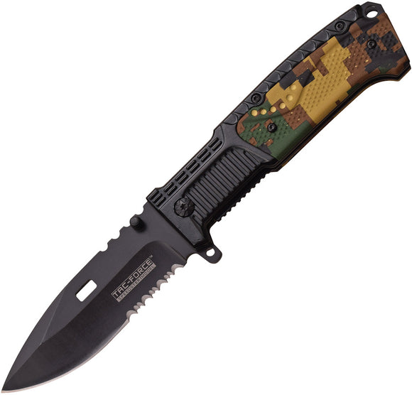Tac Force Linerlock A/O Digital Camo Handle Serrated Black Folding Knife 928DG