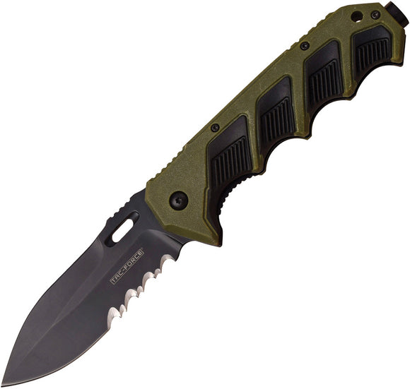 Tac Force Linerlock A/O Green & Black Handle Part Serrated Folding Knife 942BG
