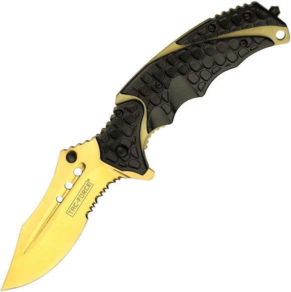 Tac Force Linerlock A/O Gold Titanium Coated Serrated Black Folding Knife 943BG