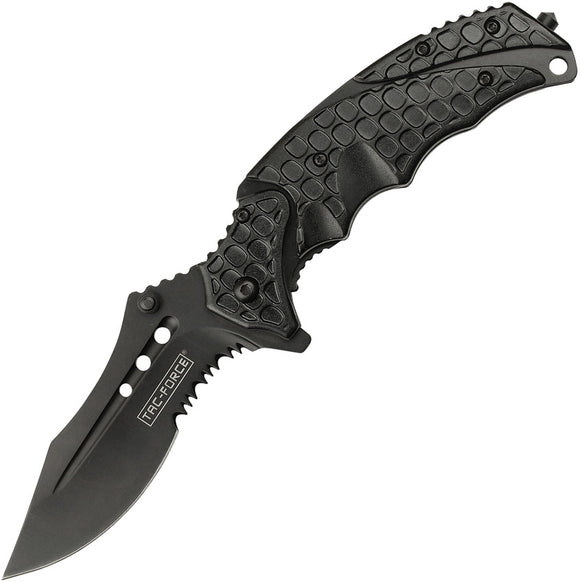 Tac Force Linerlock A/O Black Sculpted Handle 3Cr13 Folding Serrated Knife 943BK