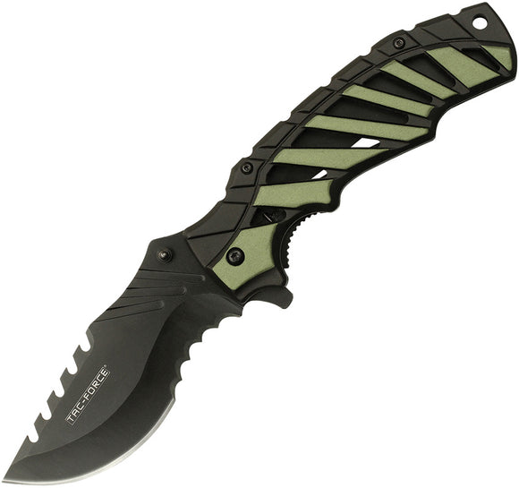 Tac Force Linerlock A/O Green & Black Part Serrated Sawback Folding Knife 944GN