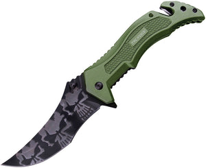 Tac Force Linerlock A/O Green Aluminum Handle Serrated Skull Folding Knife 946GN
