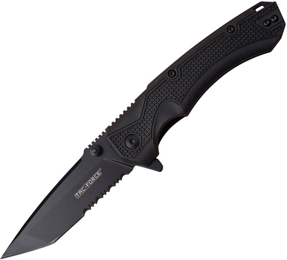 Tac Force Linerlock A/O Black Rubber Handle Tanto Folding Serrated Knife 947BK