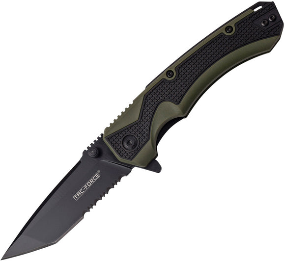 Tac Force Linerlock A/O Green & Black Handle Serrated Tanto Folding Knife 947GN