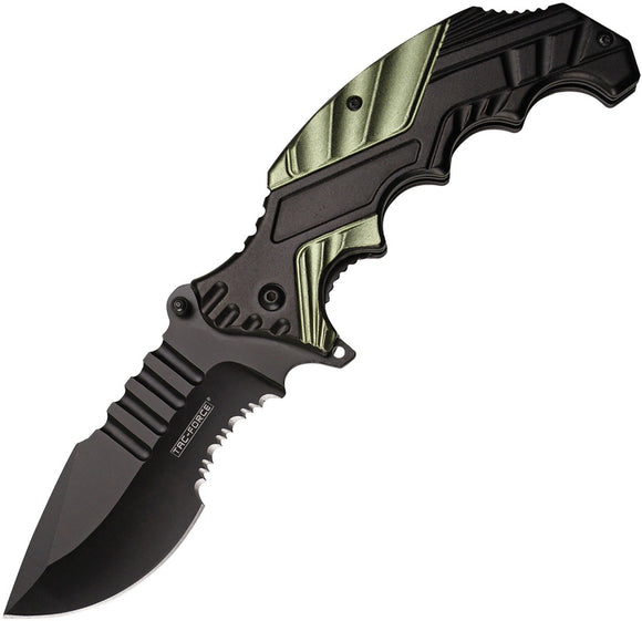 Tac Force Linerlock A/O Blk & Green Aluminum Handle Serrated Folding Knife 948GN