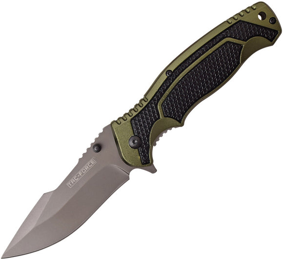 Tac Force Linerlock A/O Black & Green Aluminum Gray Drop Pt Folding Knife 960GN
