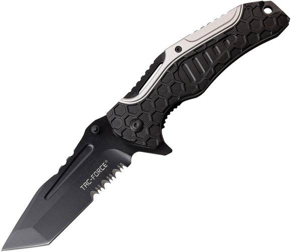 Tac Force Linerlock A/O Black & Silver Aluminum Handle Tanto Folding Knife 966BK