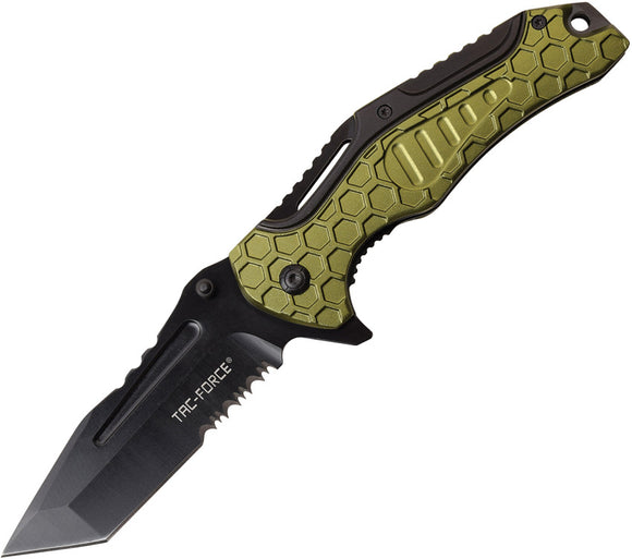 Tac Force Linerlock A/O Green & Black Part Serrated Tanto Folding Knife 966GN
