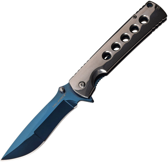 Tac Force Linerlock A/O Gray Stainless Handle Blue TiNi Coat Folding Knife 973BL