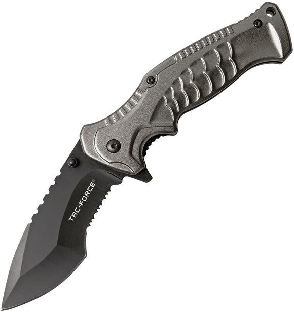 Tac Force Linerlock A/O Serrated Folding Knife w/ Gray Aluminum Handle 993GY