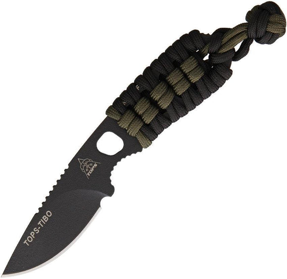 TOPS Tibo Fixed One Piece Blade Black Green Paracord Handle Neck Knife