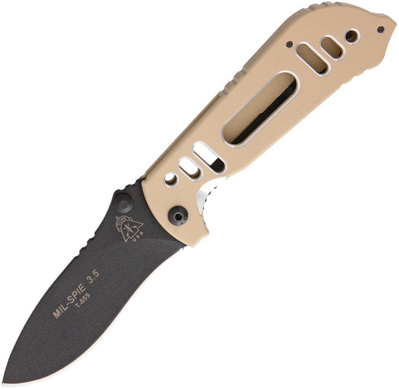 TOPS Knives Mil-Spie Black Folding Drop Blade Coyote Tan Handle Knife MIL35FBT