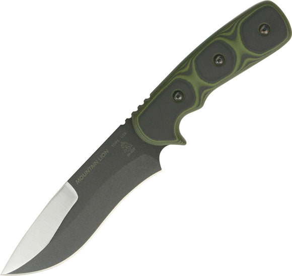 TOPS Mountain Lion Fixed Carbon Steel Blade Green & Black Handle Knife MTLN01