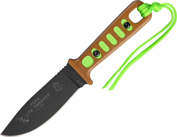 TOPS Lite Trekker Survival Fixed Black Blade Neon Green Tan Handle Knife TLT01SG