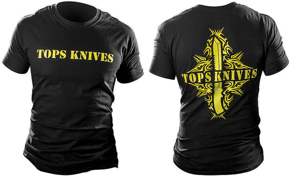 TOPS Knives Black & Yellow Tribal Art Size Large Short Sleeve T-Shirt TSYBTALG