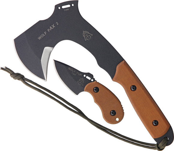 TOPS Set of 2 Fixed Blade Wolf Pax 2 Pup Knife & Ax Tan Handle Combo WPAX02