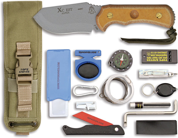 TOPS XCEST Emergency Support Alpha Fixed Blade Tan Knife + Survival Kit XCESTACT