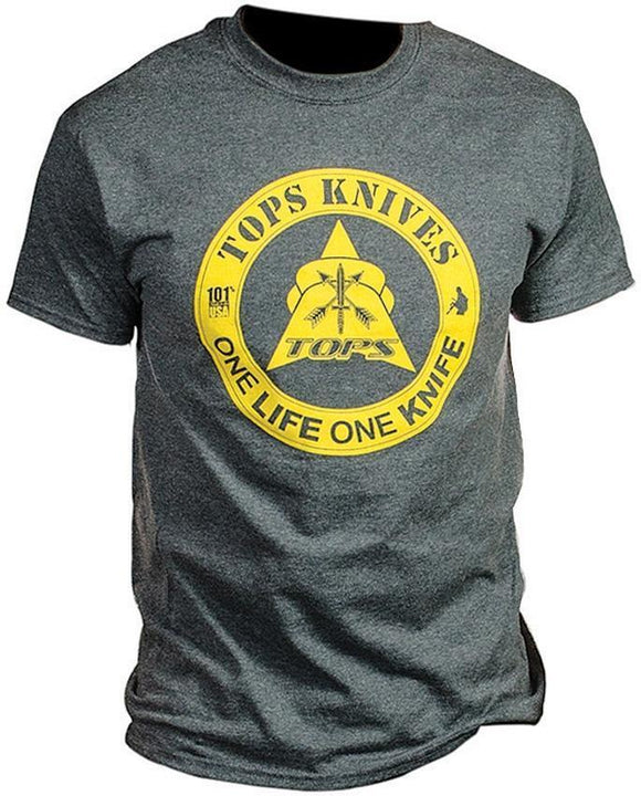 TOPS Knives Dark Heather Gray & Yellow One Life One Knife Large T-Shirt