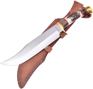 Frost 15.75" Trophy Stag Bone Handle Stainless Fixed Knife with Belt Sheath