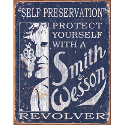 Smith & Wesson Revolver Self Preservation Man Cave Blue Vintage Metal Tin Sign 1515