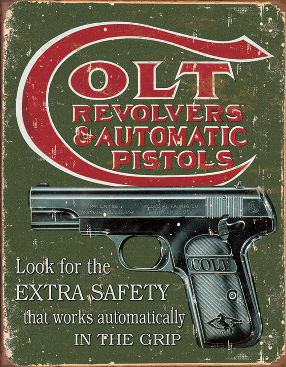 Colt Revolvers & Automatic Pistols Extra Gun Safety Man Cave Vintage Metal Tin Sign 1592