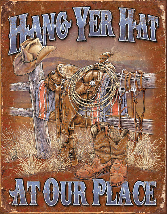 Hang Yer Hat At Our Place Vintage Man Cave Western Metal Tin Sign 1703