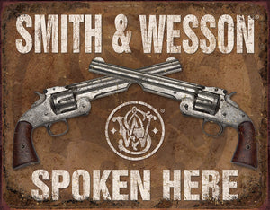 Smith & Wesson Pistol Gun Company Spoken Here Man Cave Metal Tin Sign 1849