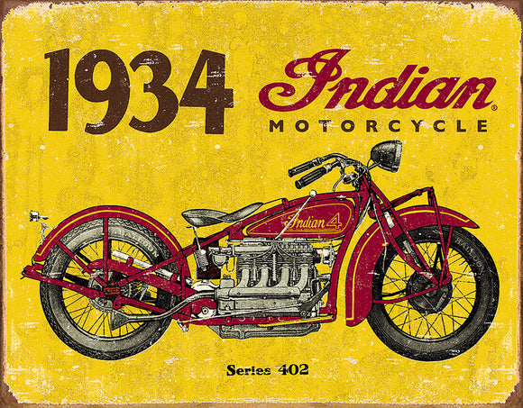 New 1934 Indian Motorcycles Series 402 Yellow Man Cave Collectible Metal Tin Sign 1929