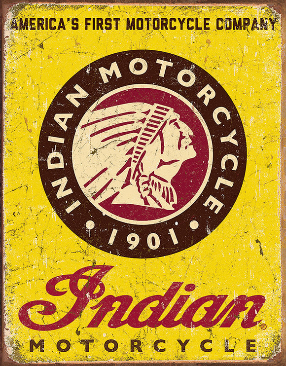 New Indian America's First Motorcycle Company Since 1901 Yellow Man Cave Collectible Tin Sign 1934