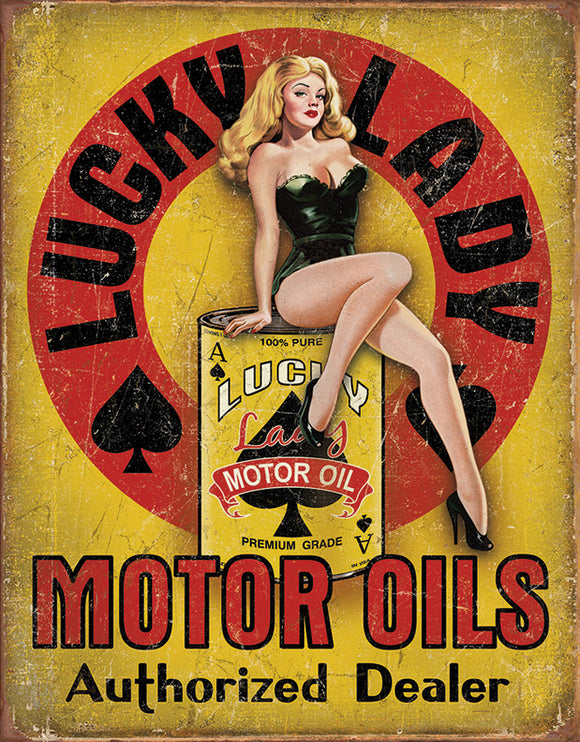 Lucky Lady Motor Oils Man Cave Collectible Decor Tin Sign 1998