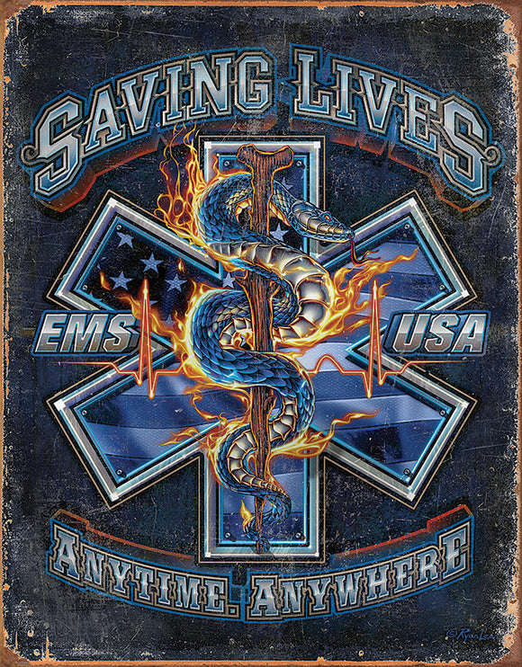 EMS USA Saving Lives Anytime Anywhere Dark Worn Blue Tin Sign 2147