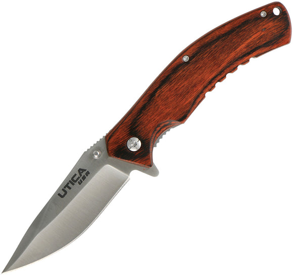 Utica Woodsman Brown Wood Handle Linerlock Folding Knife 111045cp
