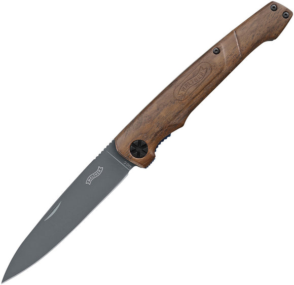 Walther BWK-1 Linerlock 440C Brown Walnut Folding Knife + Leather Sheath 50829