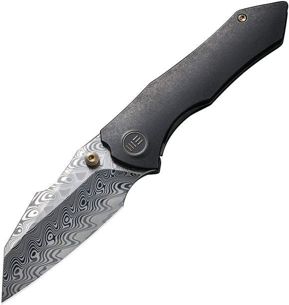 We Knife High-Fin Framelock Black Titanium Folding Damasteel Knife 22005DS1