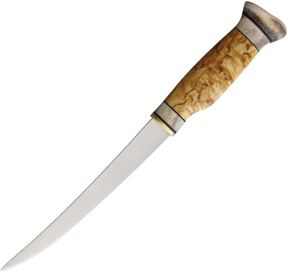 Wood Jewel Fillet Smooth Curly Birch Stainless Fixed Blade Knife 23FP