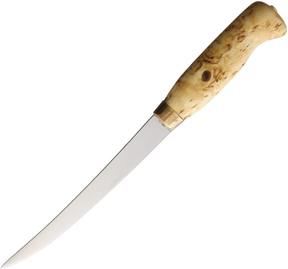 Wood Jewel Fillet Curly Birch Wood Stainless Fixed Blade Knife w/ Sheath 23F