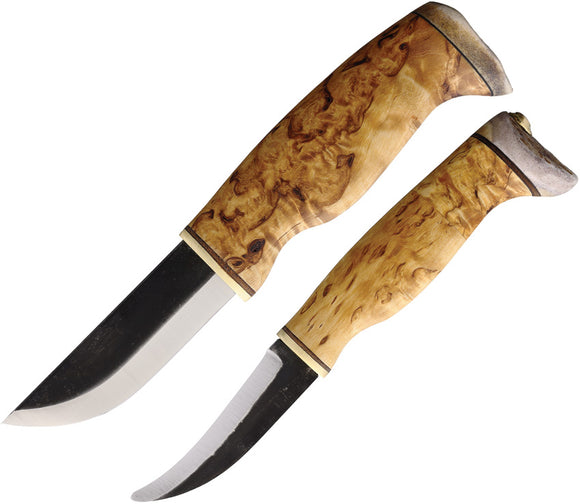 Wood Jewel Curly Birch Carbon Steel Fixed Blade Knife w/ Sheath 2pc set 23NA