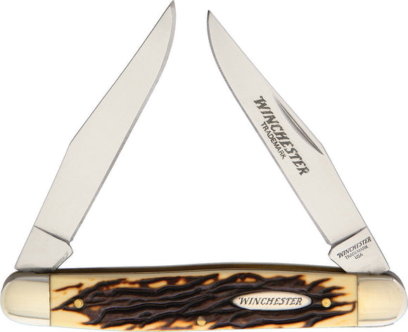 Winchester Muskrat Imitation Stag Bone 2 Clip Blade Folding Knife 14027
