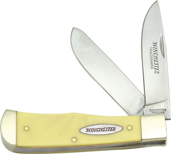 Winchester Trapper Linerlock 2-Blade Yellow Folding Knife w/ Pouch 14074YCP