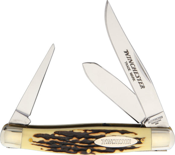 Winchester Stockman 3-Blade Spey Clip & Punch Imitation Stag Knife 14076CP