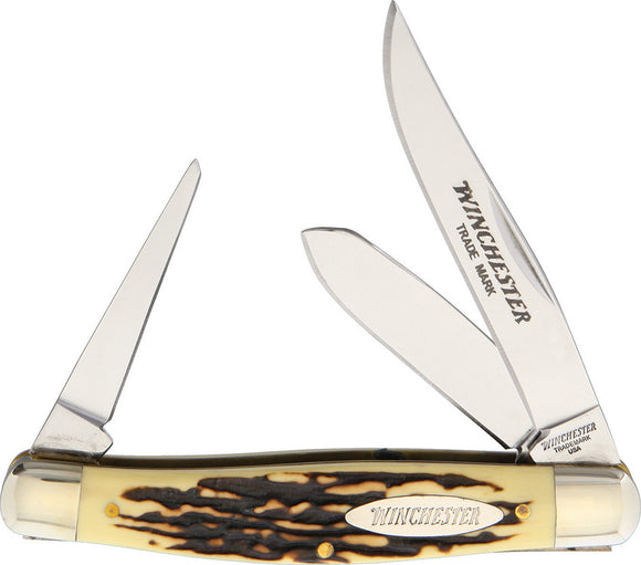 Winchester Stockman 3-Blade Clip Spey & Punch Imitation Stag Folding Knife 14076