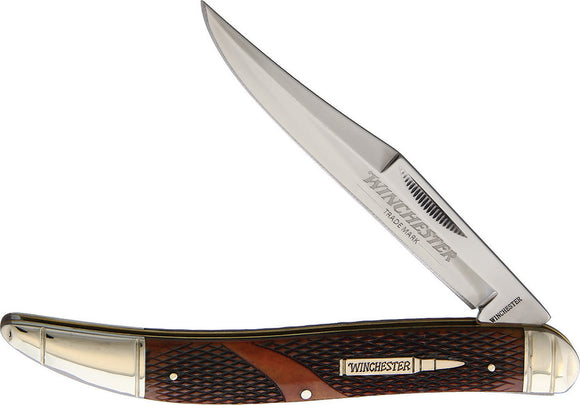 Winchester Toothpick Brown Checkered Bone Handle Folding Knife 19102C
