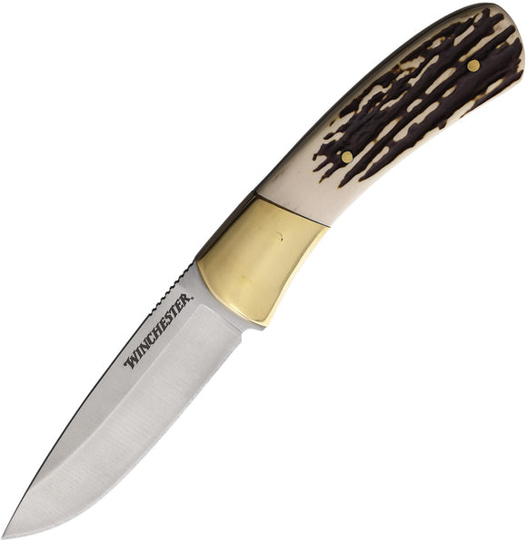 Winchester Brass & Faux Stag Stainless Fixed Blade Knife w/ Sheath 6220065W