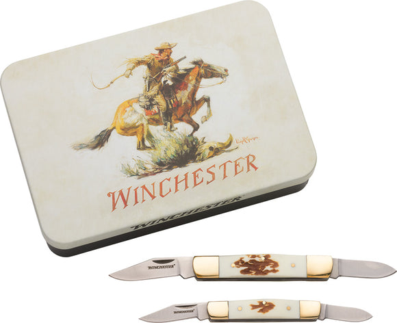 Winchester Stockman Combo White Imitation Stag Folding Pocket Knife Set 6220096W