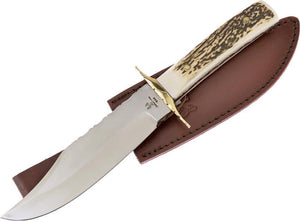 Frost Bowie Stag Bone Handle Whitetail Stainless Fixed Knife w/ Sheath