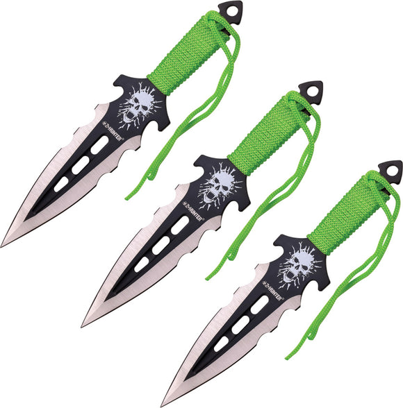 Z-Hunter Green Cord Wrapped Stainless Double Edge 3pc Throwing Knives 1353