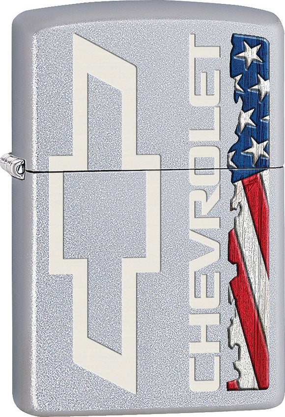 Zippo Lighter Satin Chrome Chevrolet Bowtie Flag Design Made In The USA 05606