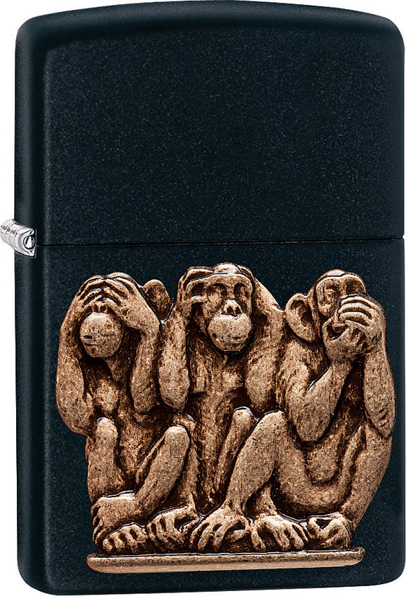 Zippo Lighter Three Monkeys Hear See Say No Evil Black Windproof USA New 12288