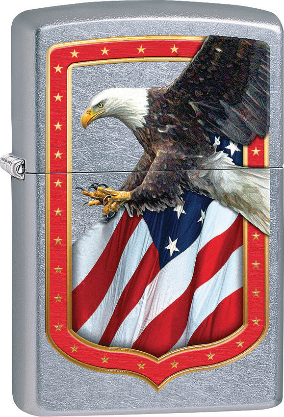 Zippo Lighter Street Chrome Eagle and Flag Border Design Made In The USA 15227